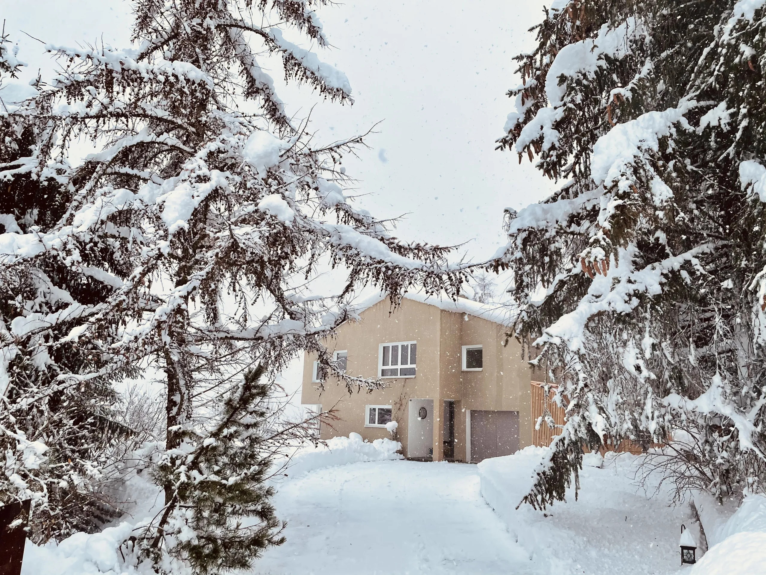 Chasa Val 17 im Winter zwischen verschneiten Bäumen